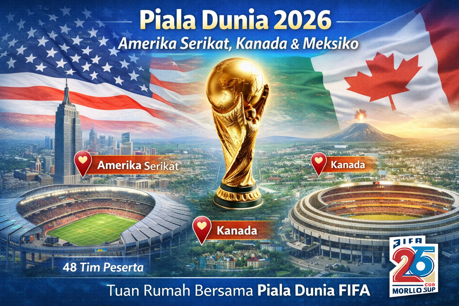 Ilustrasi Piala Dunia 2026 yang menampilkan Amerika Serikat, Kanada, dan Meksiko sebagai tuan rumah bersama, dengan trofi Piala Dunia di tengah serta stadion dan landmark ikonik dari ketiga negara.