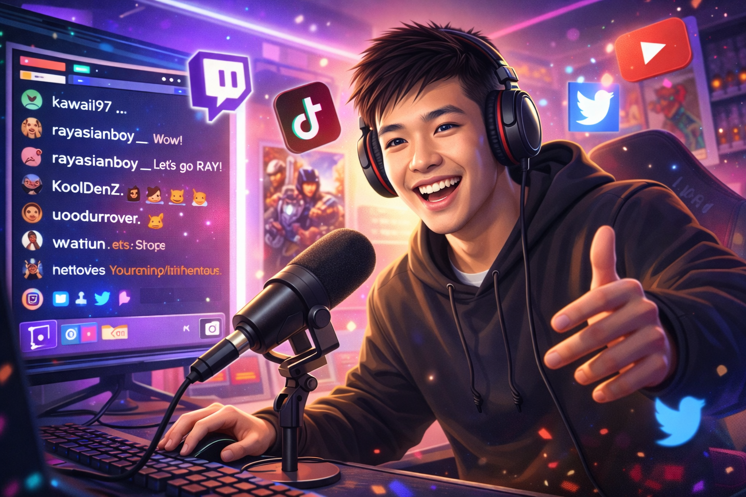 Ilustrasi Rayasianboy, streamer dan kreator konten asal Taiwan, sedang melakukan streaming dari kamar modern dengan headset dan mikrofon. Layar komputer menampilkan chat Twitch, dengan ikon media sosial TikTok, YouTube, dan Twitter di sekitarnya, mencerminkan suasana streaming yang enerjik dan interaktif.