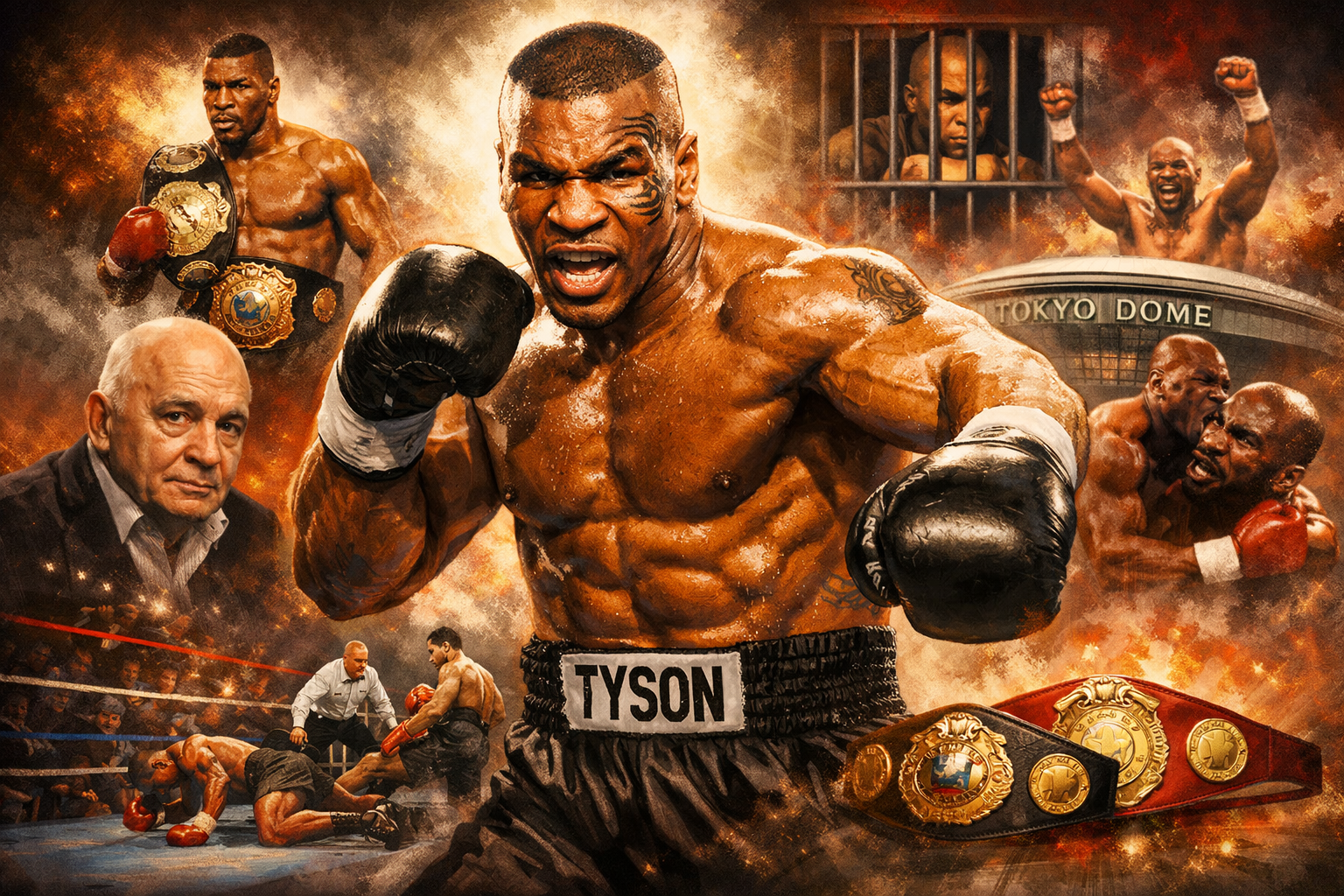 Ilustrasi Mike Tyson, legenda tinju dunia, sedang melancarkan pukulan di ring tinju dengan latar perjalanan kariernya dari kejayaan hingga kontroversi.