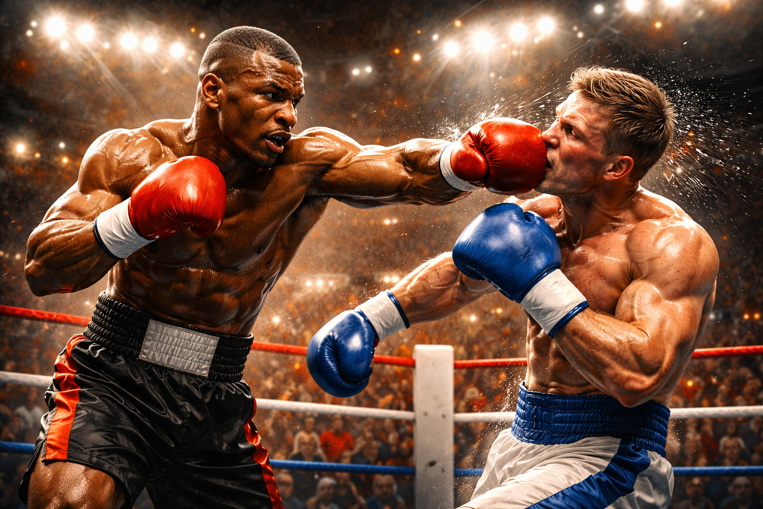 Ilustrasi pertandingan boxing di dalam ring, dua petinju saling bertarung dengan pukulan keras di bawah sorotan lampu arena yang penuh penonton.