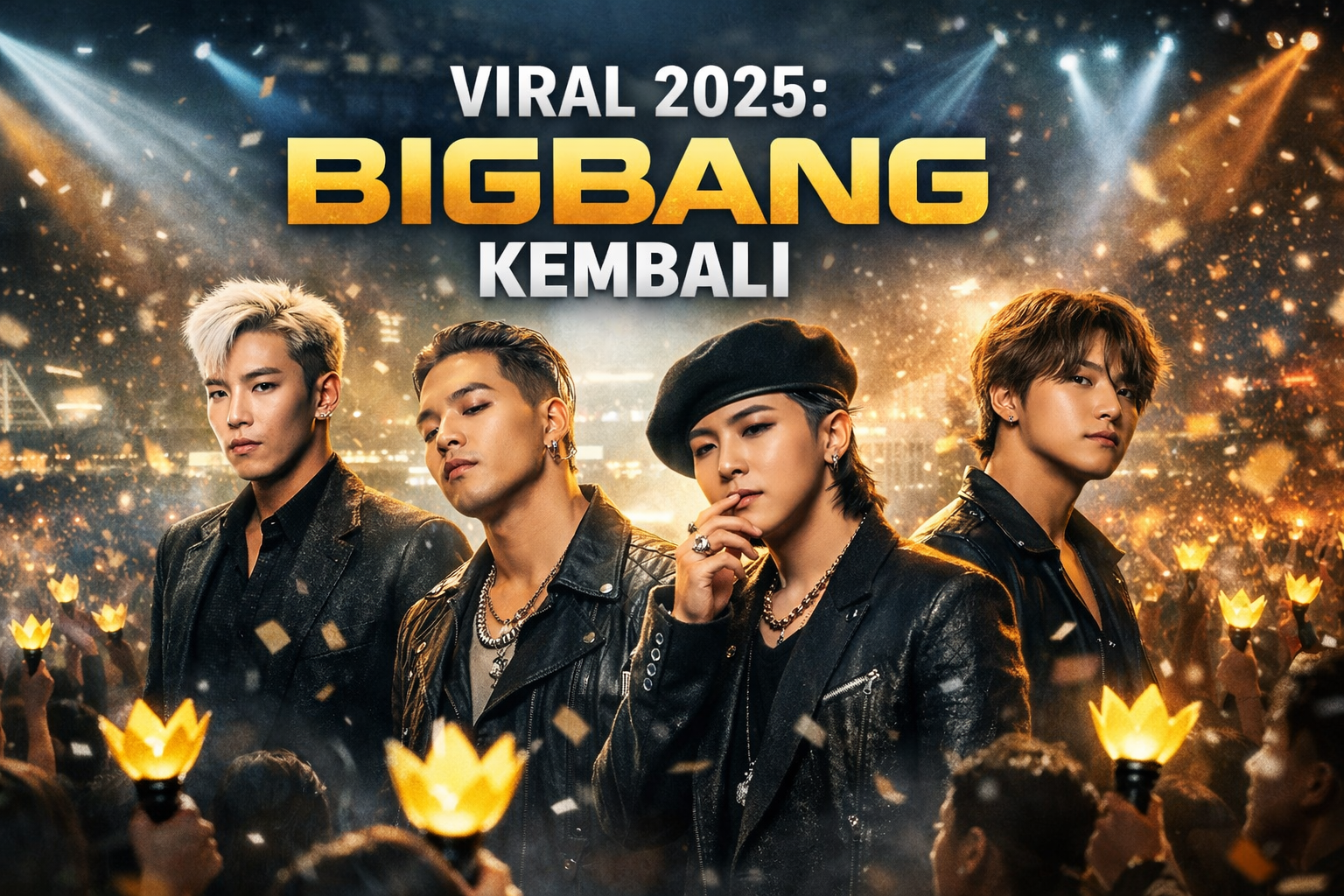 Potret BIGBANG dalam konsep konser megah dengan latar lautan lightstick VIP dan tulisan “Viral 2025: BIGBANG Kembali”, menandai comeback legendaris mereka di dunia K-Pop.