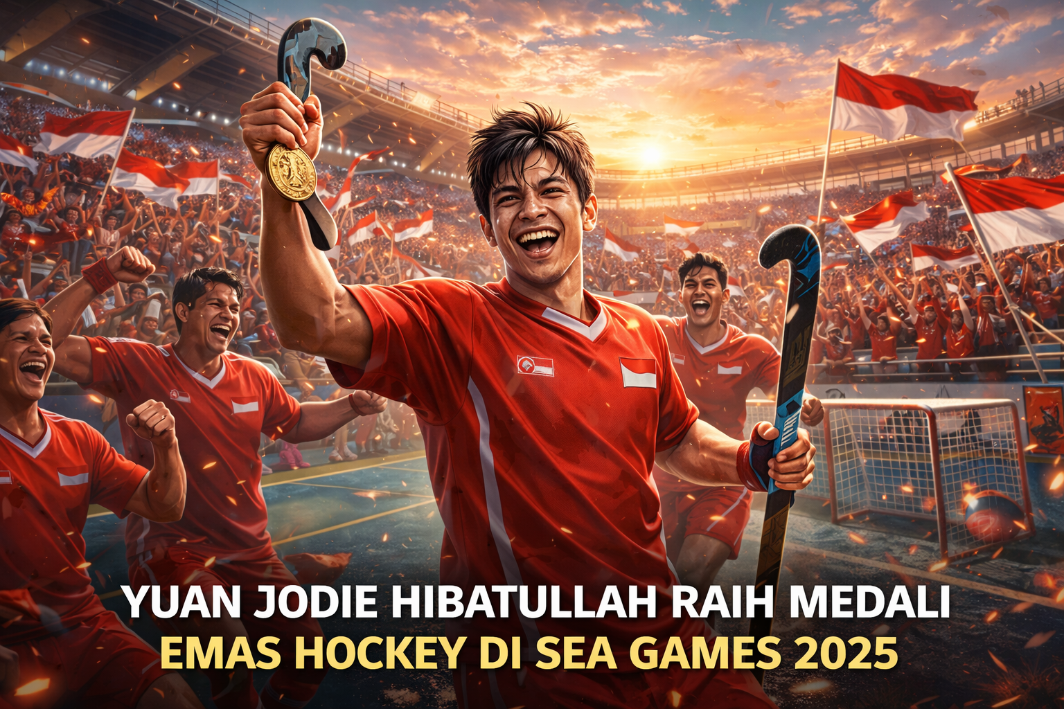 Yuan Jodie Hibatullah mengangkat medali emas hockey SEA Games 2025 di stadion penuh penonton, didampingi rekan setim berseragam merah dengan bendera Indonesia berkibar di latar belakang.