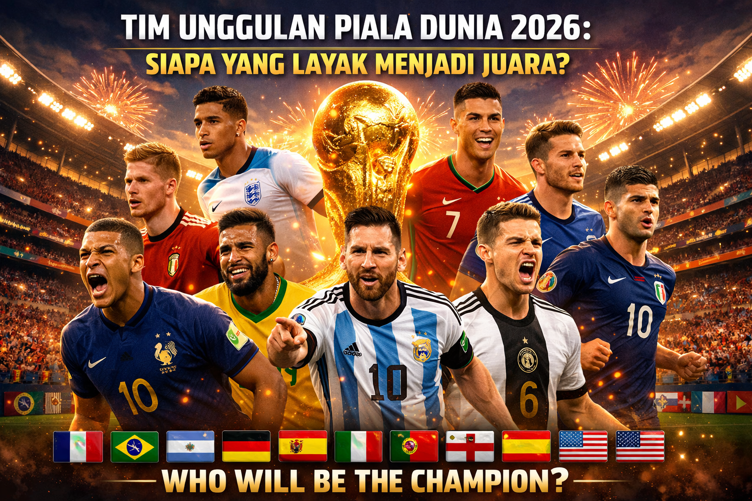Ilustrasi landscape Tim Unggulan Piala Dunia 2026 menampilkan para bintang sepak bola dunia dari berbagai negara berdiri di stadion megah dengan trofi Piala Dunia di tengah, dilengkapi latar kembang api dan bendera negara peserta, menggambarkan persaingan menuju gelar juara dunia.