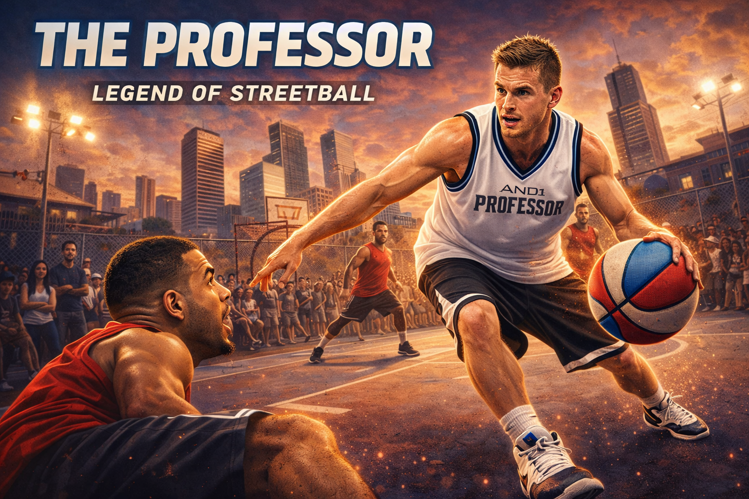Ilustrasi landscape The Professor, legenda streetball dunia, sedang melakukan dribel cepat di lapangan basket jalanan dengan latar kota saat senja, dikelilingi penonton dan lawan yang terjatuh, menampilkan aksi khas permainan streetball penuh gaya.