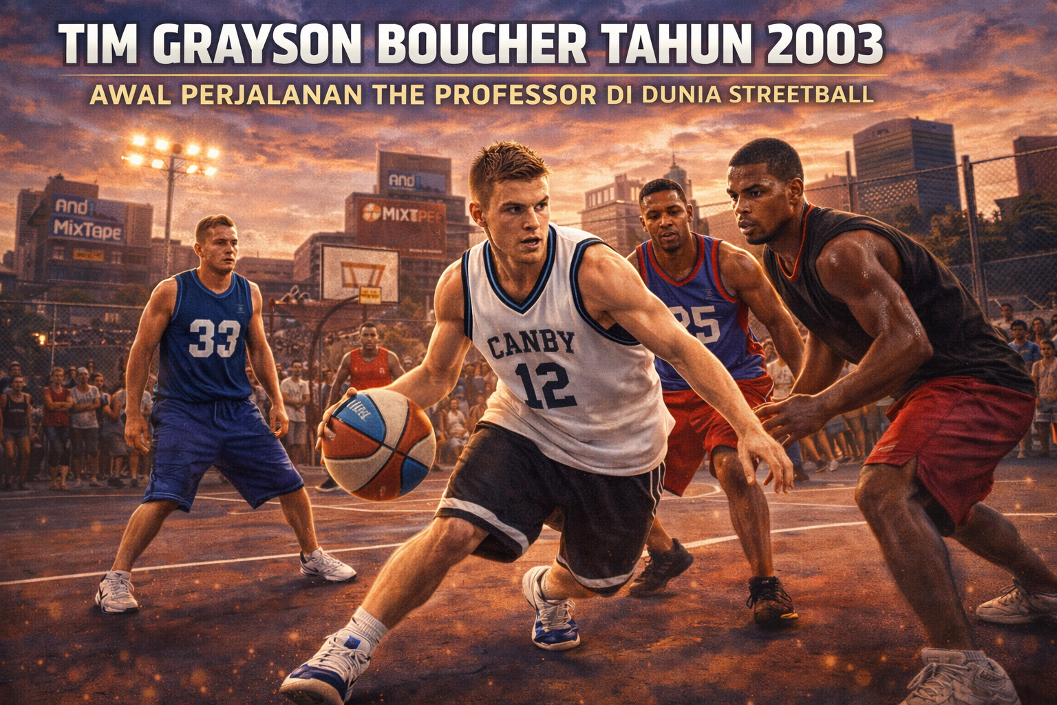 Ilustrasi landscape Tim Grayson Boucher tahun 2003, menampilkan Grayson “The Professor” Boucher mengenakan jersey putih “CANBY” sedang melakukan dribel di lapangan basket jalanan dengan matahari senja, dikelilingi rekan setim, lawan, dan penonton, dengan latar kota dan papan AND1 Mixtape, menggambarkan awal perjalanan karier streetballnya.