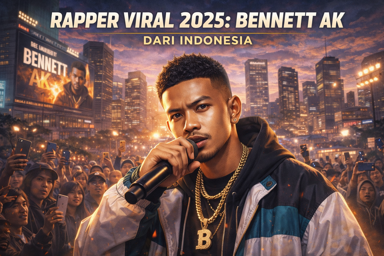 Ilustrasi landscape Bennett AK, rapper viral 2025 dari Indonesia, tampil di panggung outdoor dengan mikrofon di tangan, mengenakan streetwear modern dan rantai emas, dikelilingi penonton muda yang mengabadikan momen dengan ponsel mereka, di latar kota dengan gedung pencakar langit dan billboard yang menampilkan wajah Bennett AK.