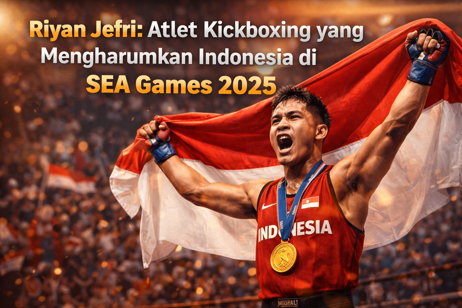 Riyan Jefri, atlet kickboxing Indonesia, merayakan kemenangan dengan mengangkat bendera Merah Putih dan medali emas usai bertanding di SEA Games 2025, dengan latar stadion penuh penonton.