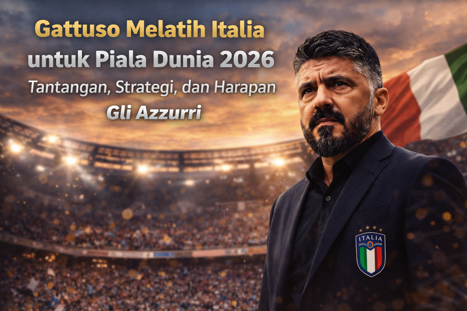 Gennaro Gattuso berdiri di pinggir lapangan sebagai pelatih Timnas Italia dengan latar stadion penuh penonton dan bendera Italia, menggambarkan persiapan Gli Azzurri menuju Piala Dunia 2026.
