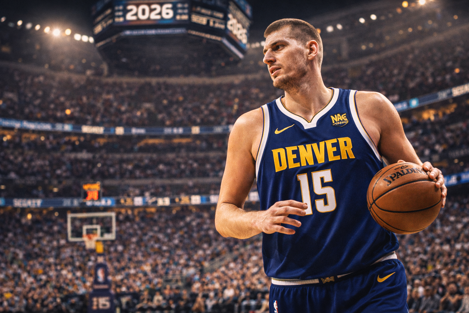 Nikola Jokić mengenakan jersey Denver Nuggets nomor 15, memegang bola basket di arena penuh penonton dengan sorotan lampu stadion, menggambarkan aksi dan fokusnya di musim NBA 2026.