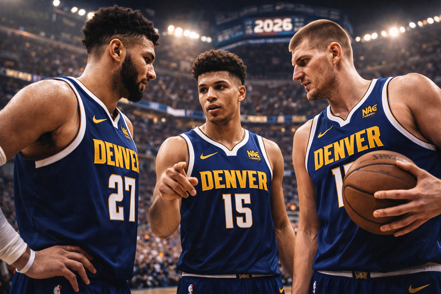 Jamal Murray (#27), Nikola Jokić (#15), dan pemain muda Denver Nuggets sedang berdiskusi di tengah pertandingan NBA 2026. Mereka mengenakan jersey biru dan emas, dengan arena penuh penonton dan sorotan lampu stadion, menampilkan fokus dan strategi tim.