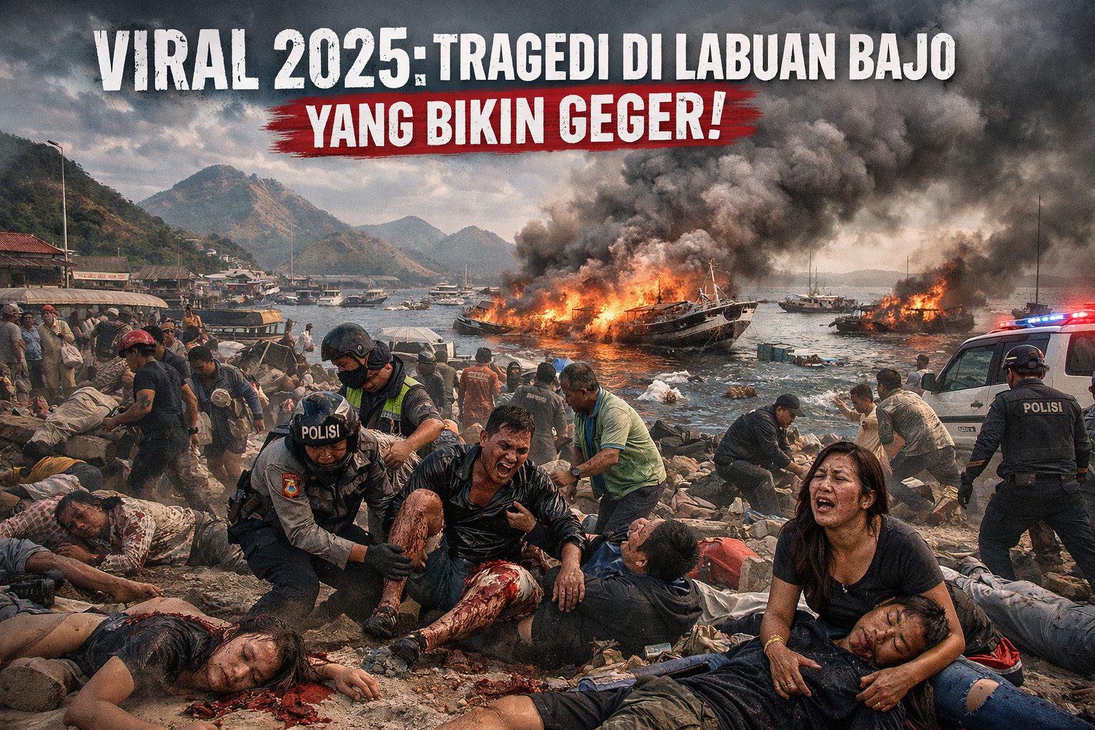 Suasana tragedi di Labuan Bajo tahun 2025 dengan kapal-kapal terbakar di pelabuhan, asap hitam membumbung tinggi, warga terluka dievakuasi oleh petugas kepolisian dan tim darurat, menampilkan kepanikan dan duka di tengah kekacauan.