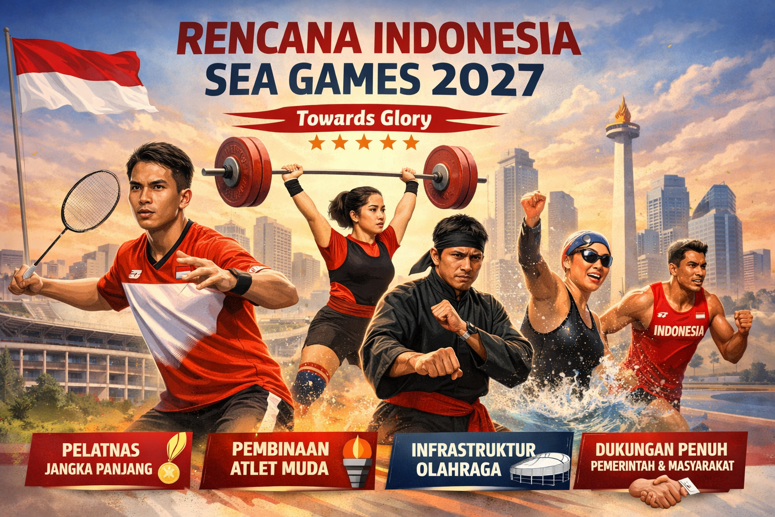 Ilustrasi landscape rencana Indonesia untuk SEA Games 2027 menampilkan atlet nasional dari berbagai cabang olahraga dengan latar Stadion Gelora Bung Karno dan Monas, melambangkan persiapan pelatnas, pembinaan atlet muda, peningkatan infrastruktur olahraga, serta dukungan pemerintah dan masyarakat.
