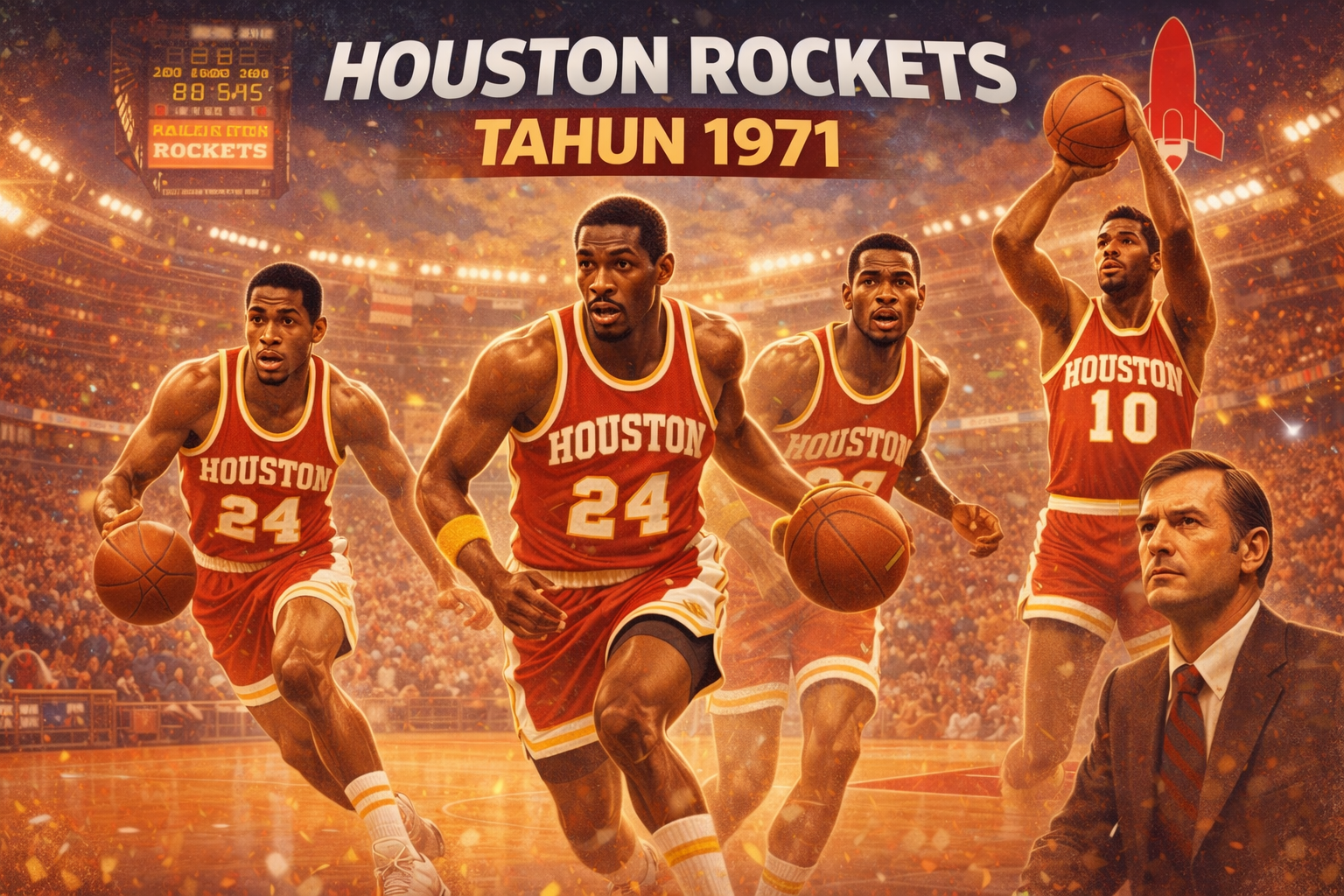 Ilustrasi bergaya vintage tim basket Houston Rockets tahun 1971 menampilkan empat pemain mengenakan jersey merah bertuliskan “Houston” sedang beraksi di lapangan, dengan latar arena penuh penonton, papan skor klasik, logo roket, serta seorang pelatih di pinggir lapangan, menggambarkan awal sejarah Rockets di NBA.