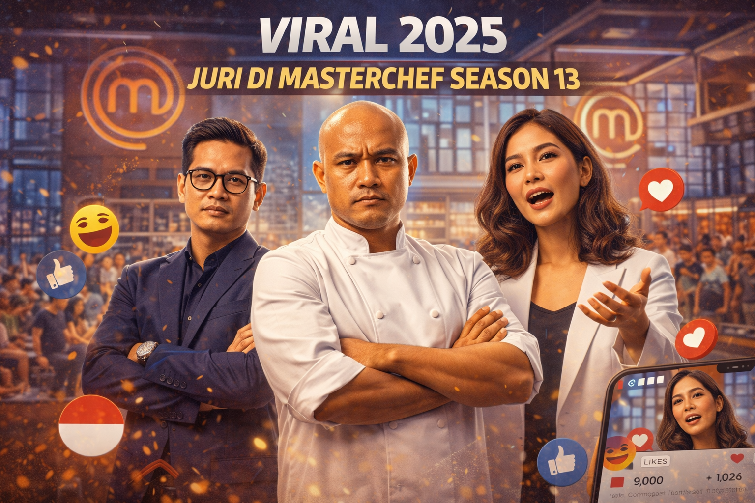 Ilustrasi digital juri MasterChef Season 13 tahun 2025 menampilkan tiga juri berdiri di dapur MasterChef dengan ekspresi tegas dan percaya diri, dikelilingi ikon media sosial, teks “Viral 2025”, serta suasana kompetisi kuliner yang ramai, menggambarkan popularitas dan sorotan publik terhadap para juri.