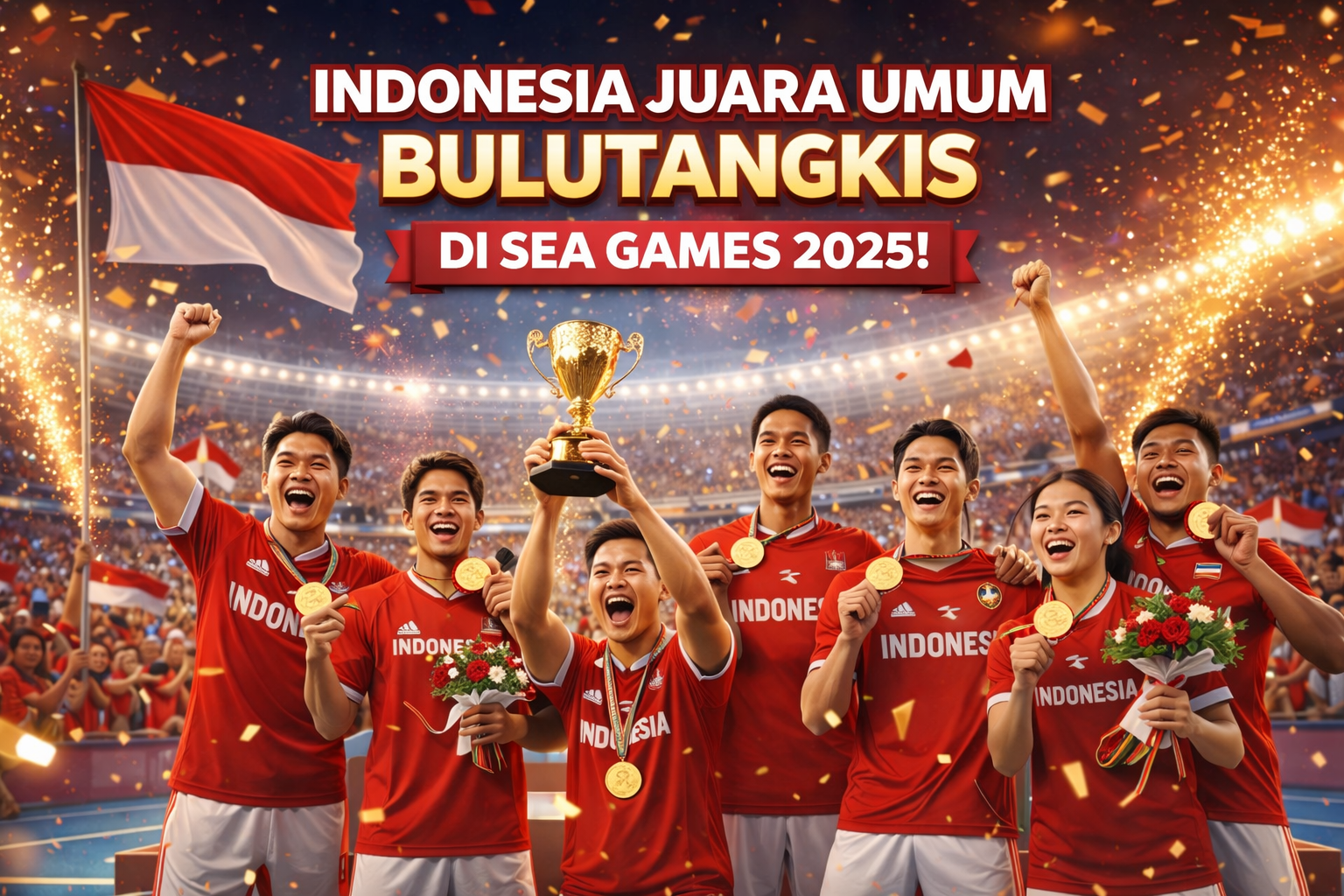 Atlet bulutangkis Indonesia merayakan juara umum SEA Games 2025 dengan mengangkat trofi dan medali emas di arena pertandingan yang dipenuhi konfeti dan bendera Merah Putih.
