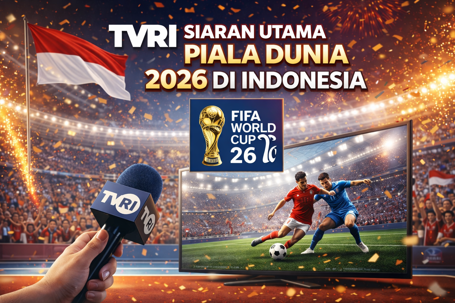 Ilustrasi TVRI sebagai siaran utama Piala Dunia 2026 di Indonesia menampilkan stadion penuh penonton, bendera Indonesia berkibar, televisi menayangkan pertandingan sepak bola, dan mikrofon TVRI di tangan reporter, dengan efek cahaya dan konfeti menambah suasana meriah.