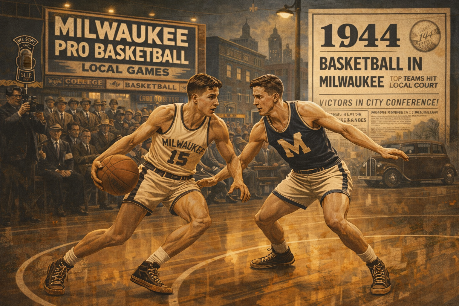 Ilustrasi sejarah basket Milwaukee tahun 1944 menampilkan dua pemain mengenakan seragam vintage bermain di gymnasium dengan lantai kayu, di depan penonton berpakaian era 1940-an, dengan papan iklan bertuliskan "Milwaukee Pro Basketball" dan detail mobil klasik di latar belakang, menggambarkan budaya basket lokal sebelum terbentuknya Milwaukee Bucks pada 1968.