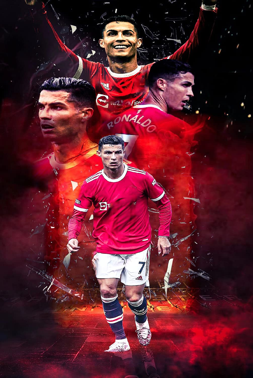 “Cristiano Ronaldo berdiri di Santiago Bernabéu mengenakan jersey Real Madrid, melambaikan tangan ke arah suporter sebagai simbol laga perpisahan setelah pensiun.”