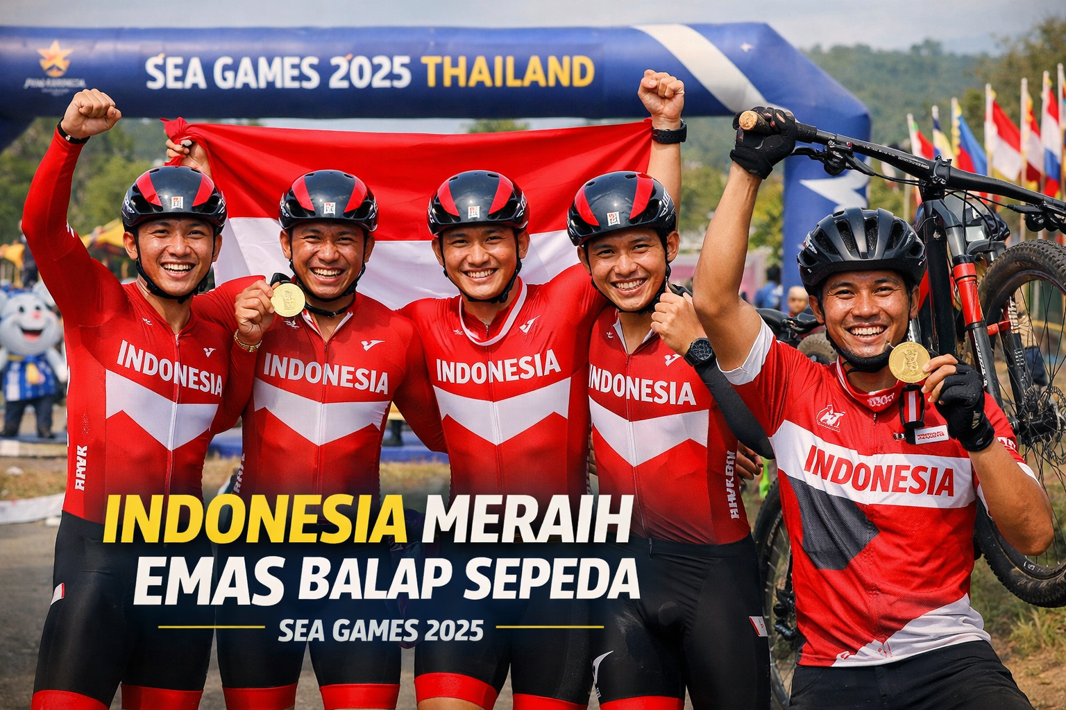 Atlet balap sepeda Indonesia merayakan kemenangan medali emas SEA Games 2025 dengan mengangkat bendera Merah Putih di podium, mengenakan seragam merah putih dan helm balap sepeda.