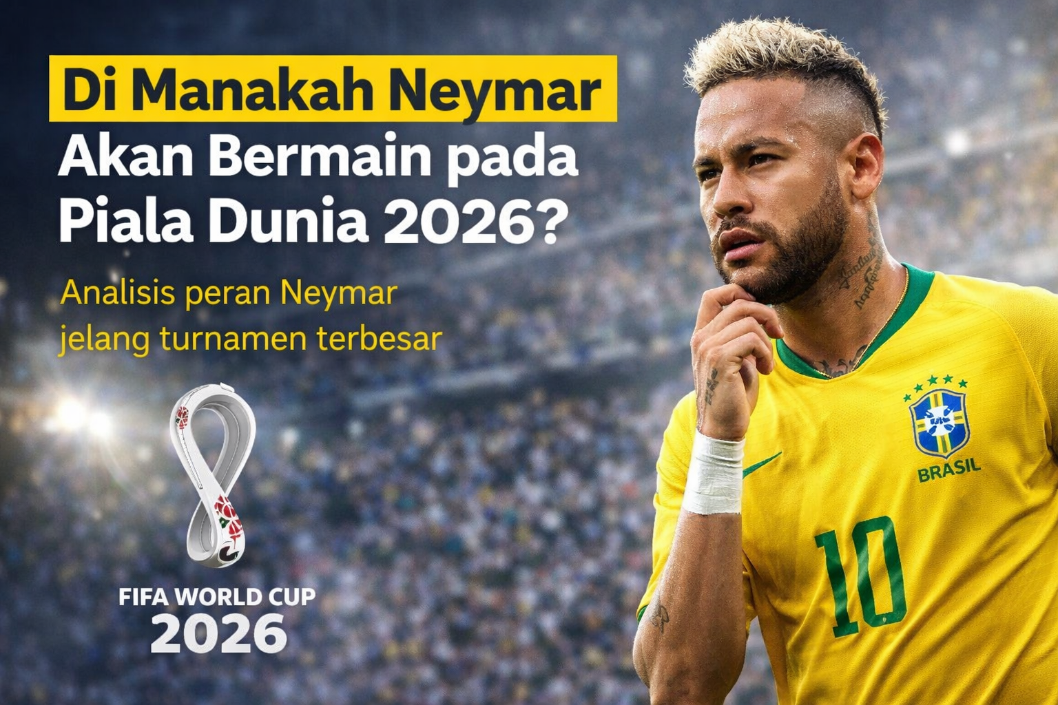 Ilustrasi digital bertema sepak bola menampilkan sosok pemain Brasil bernomor punggung 10 di stadion yang dipenuhi sorak penonton, dengan nuansa warna hijau-kuning khas tim nasional Brasil dan suasana pertandingan malam hari yang dramatis Neymar
