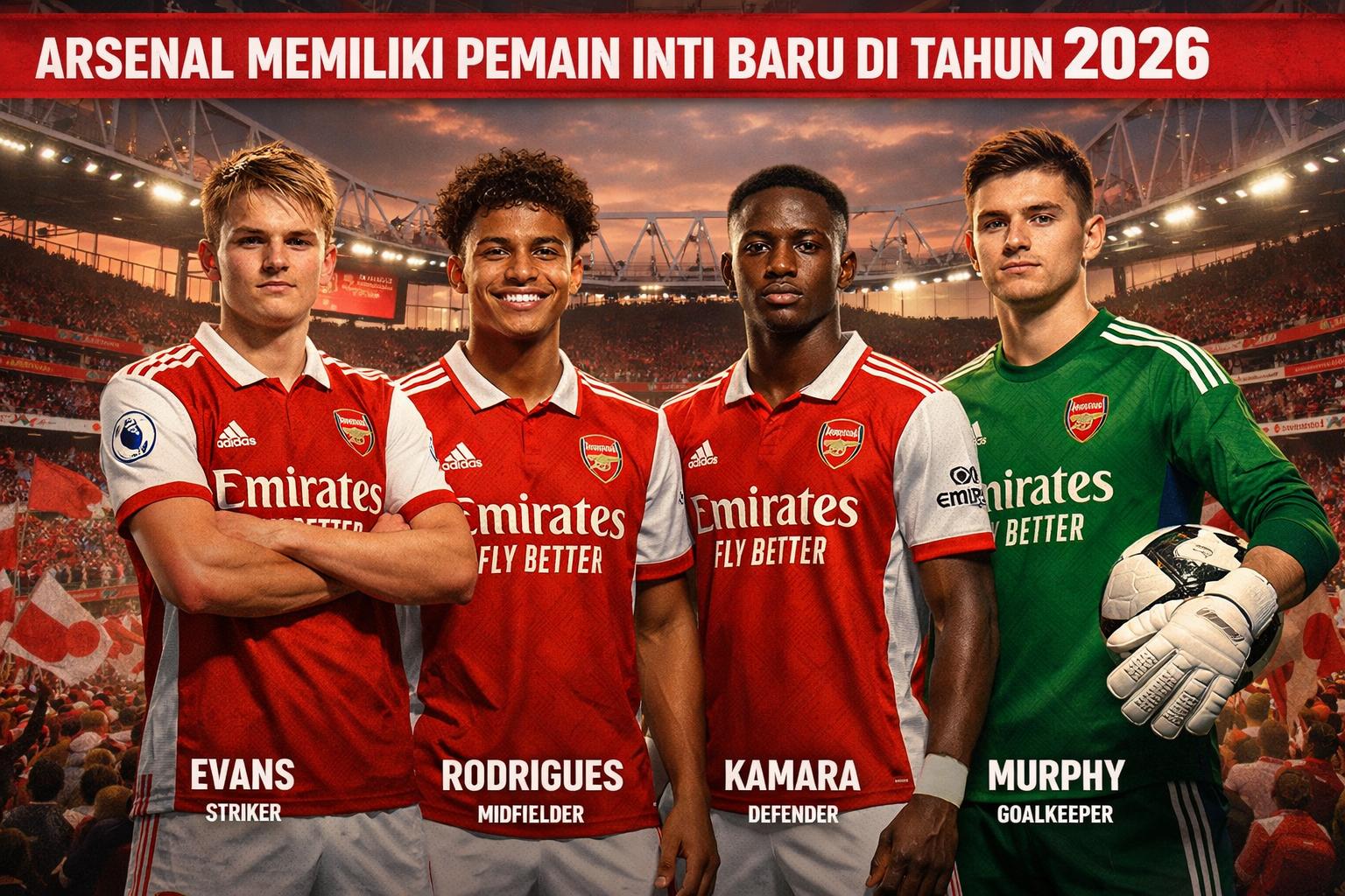 Gambar landscape menampilkan lima pemain inti baru Arsenal tahun 2026 sedang berdiri di lapangan Emirates Stadium yang dipenuhi penonton. Empat pemain mengenakan seragam merah-putih khas Arsenal, sementara satu pemain mengenakan kostum penjaga gawang berwarna hijau dan memegang bola. Di bagian atas gambar terdapat tulisan besar berwarna putih dengan latar merah bertuliskan 'ARSENAL MEMILIKI PEMAIN INTI BARU DI TAHUN 2026!' dengan latar stadion dan lampu sorot yang terang.