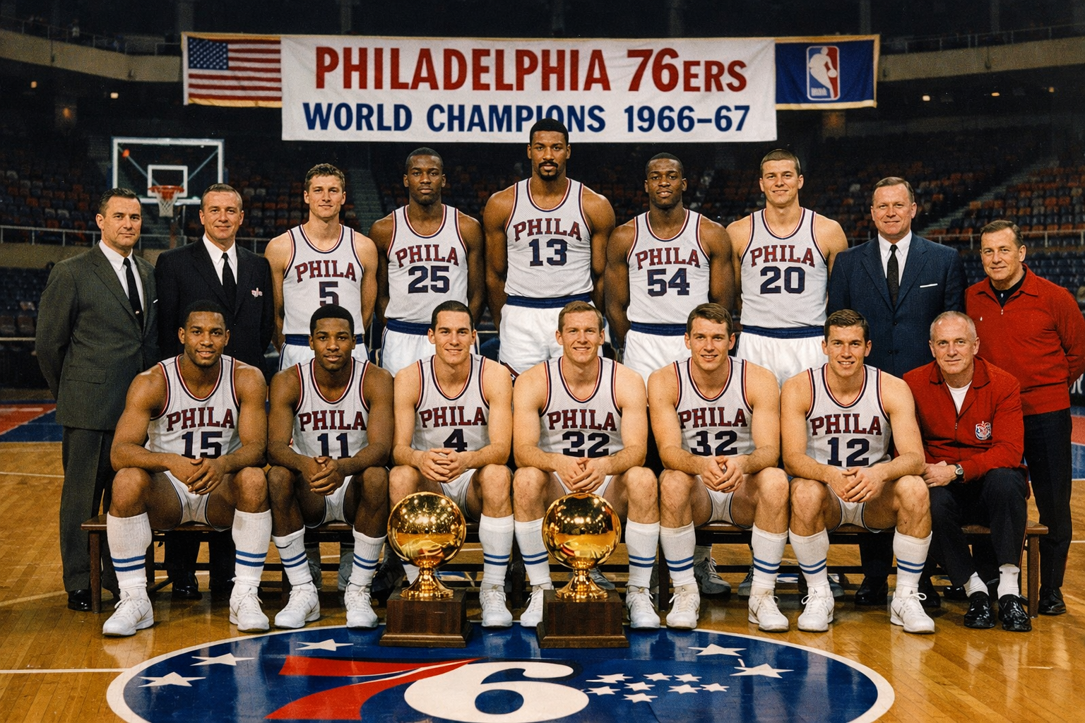 Foto tim Philadelphia 76ers musim 1966–1967 berformat landscape, menampilkan para pemain dan staf berpose di lapangan dengan seragam putih merah-biru, dua trofi juara di depan, serta banner “World Champions 1966–67” tergantung di arena.