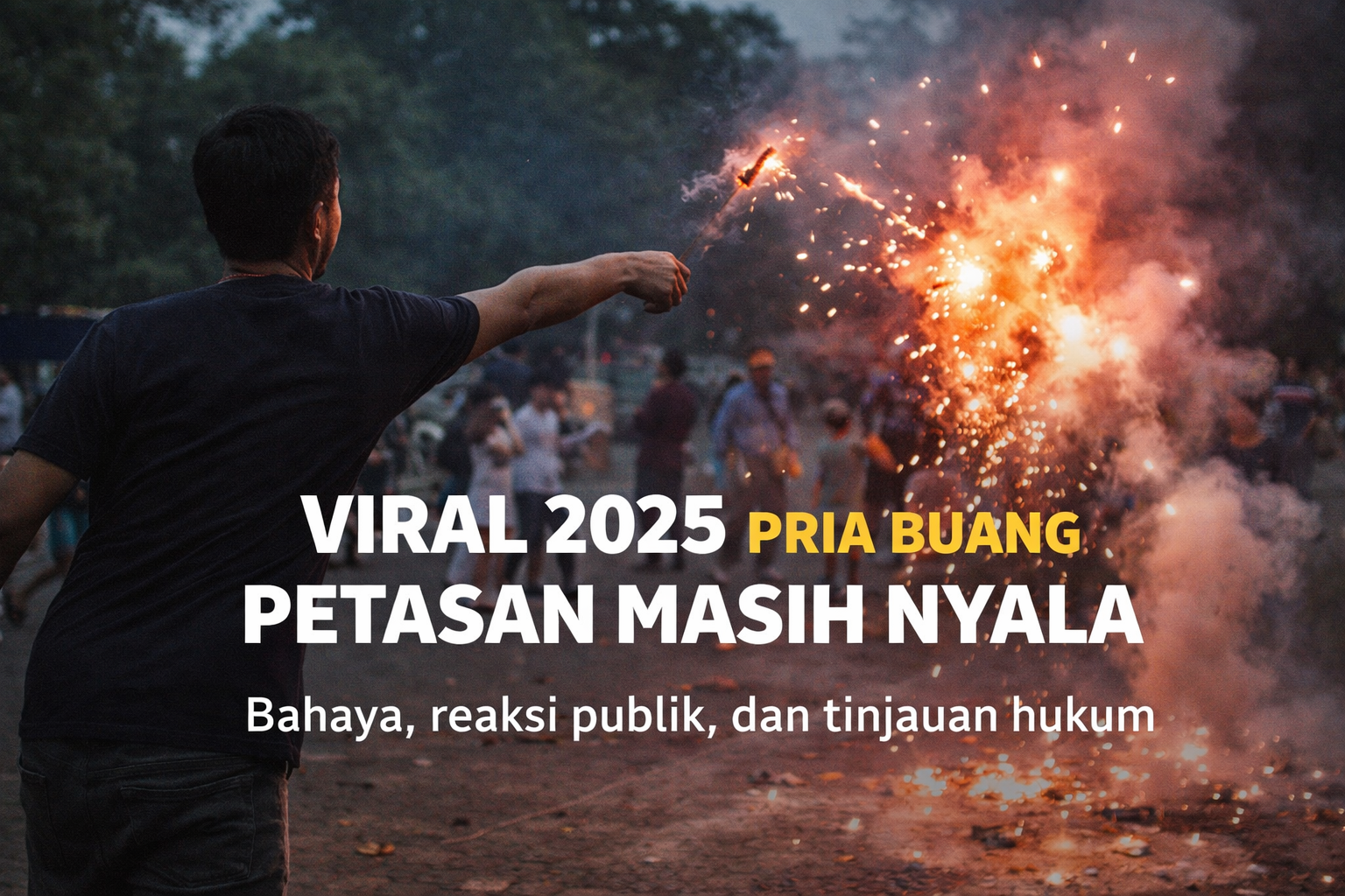 Gambar landscape memperlihatkan seorang pria melempar petasan yang masih menyala di area publik saat senja, dengan percikan api dan asap ledakan di udara, sementara orang-orang di sekitarnya terlihat terkejut dan menjauh