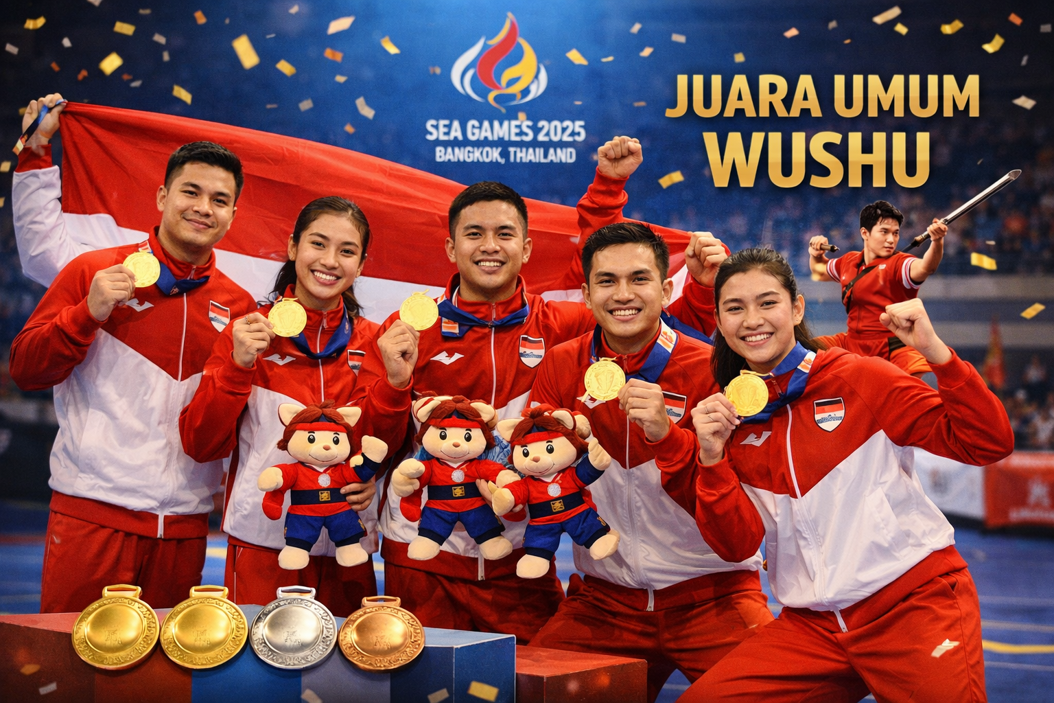 Atlet wushu Indonesia merayakan kemenangan dengan mengangkat medali emas di SEA Games 2025 Bangkok, mengenakan seragam merah putih sebagai juara umum cabang wushu.