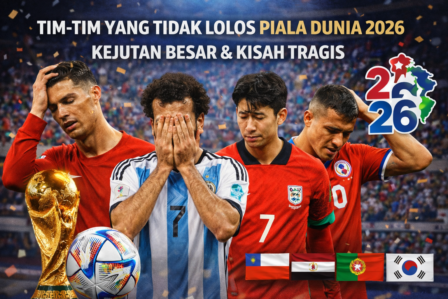 Empat pemain sepak bola terkenal, termasuk Cristiano Ronaldo, Mohamed Salah, Son Heung-min, dan Alexis Sánchez, menunjukkan ekspresi kecewa karena tim mereka tidak lolos Piala Dunia 2026, dengan trofi FIFA, bola resmi, dan bendera nasional di latar belakang stadion penuh penonton.