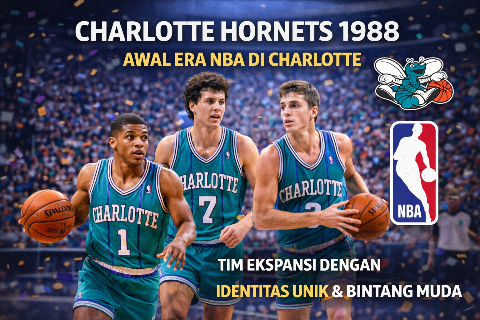 Ilustrasi tim Charlotte Hornets musim debut NBA 1988 menampilkan Muggsy Bogues, Kelly Tripucka, dan Rex Chapman mengenakan seragam teal klasik, bermain di tengah pertandingan dengan tribun penonton penuh, logo Hornets dan NBA terlihat, serta efek konfeti untuk menekankan momen bersejarah ekspansi tim.
