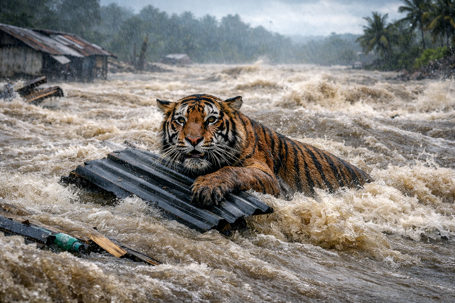 Seekor harimau Sumatra berada di tengah arus banjir deras di Aceh, berpegangan pada puing-puing bangunan sambil berusaha bertahan di tengah air keruh yang meluap akibat bencana alam.