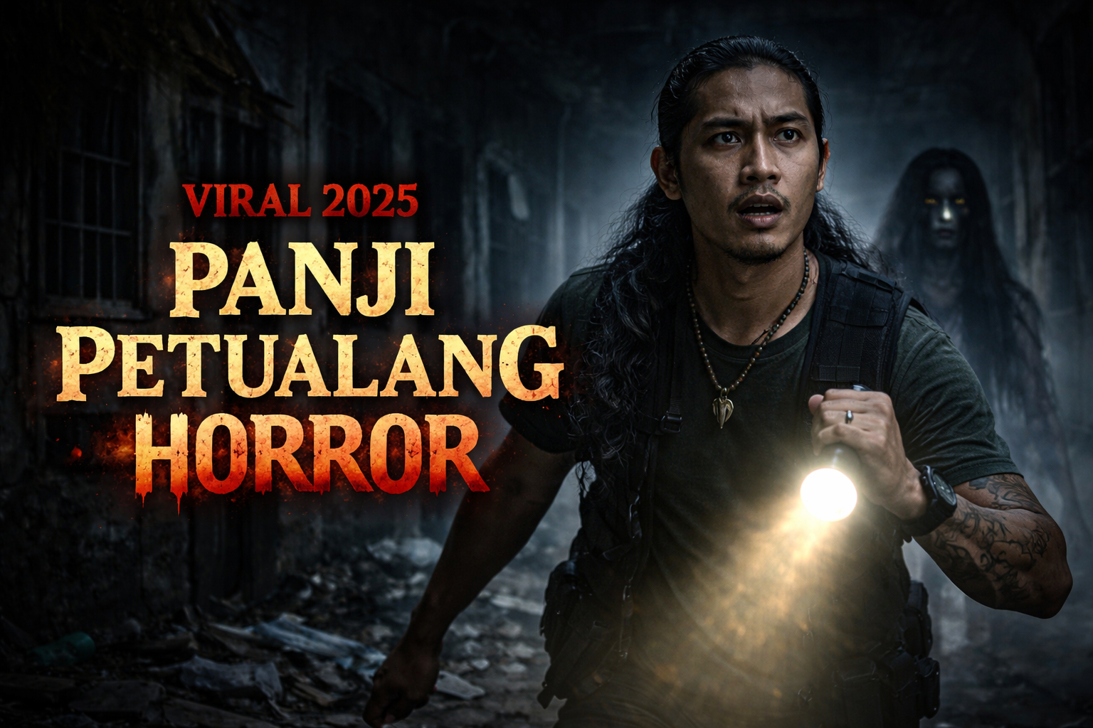 Panji Petualang menjelajahi bangunan angker pada malam hari dengan senter di tangan, menampilkan suasana horor mencekam yang viral di tahun 2025 dengan latar lorong gelap dan sosok misterius di belakangnya.