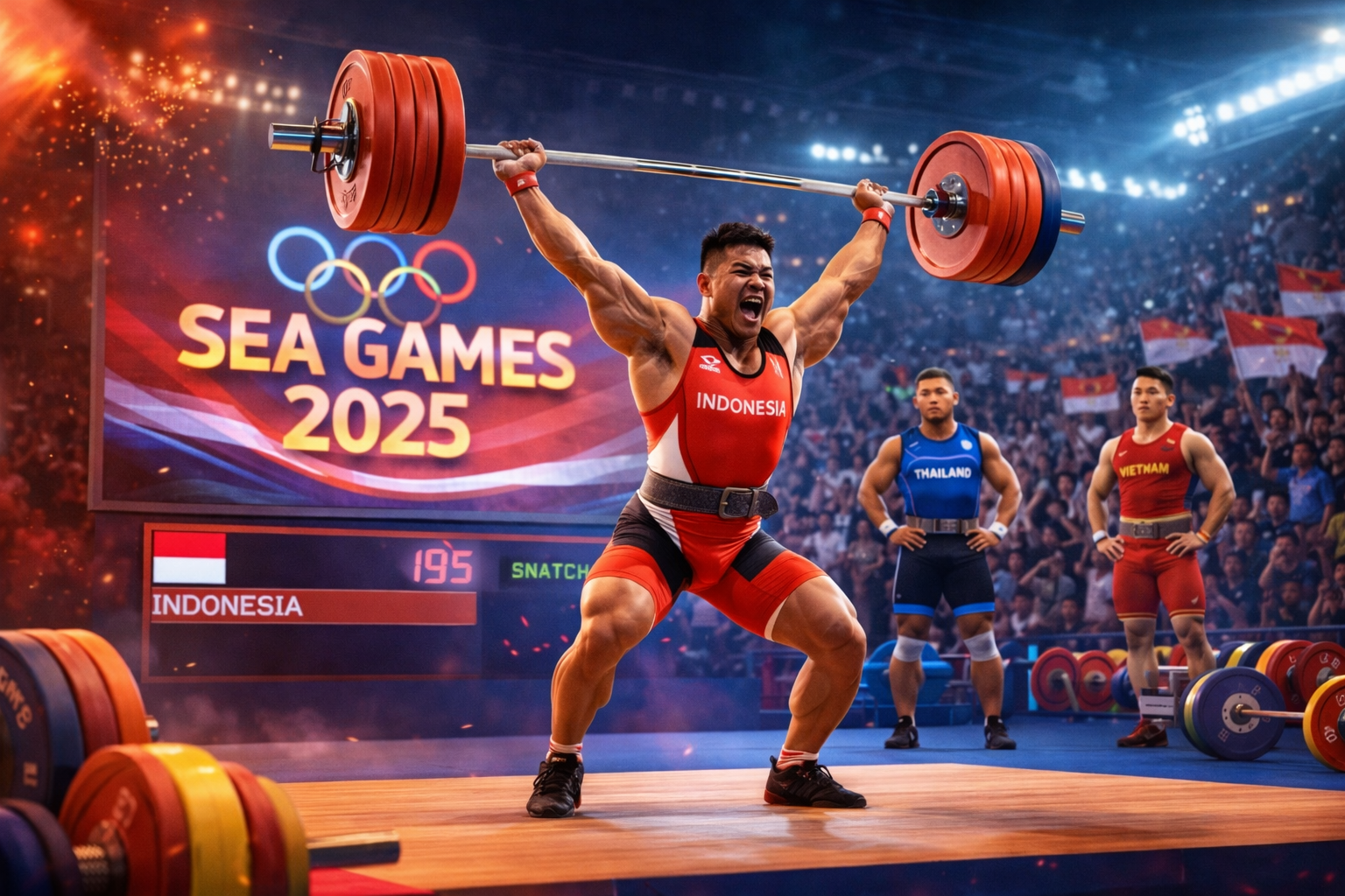 Atlet angkat besi Indonesia mengangkat barbel dalam nomor clean and jerk pada SEA Games 2025, disaksikan atlet Thailand dan Vietnam di arena pertandingan yang penuh semangat penonton.