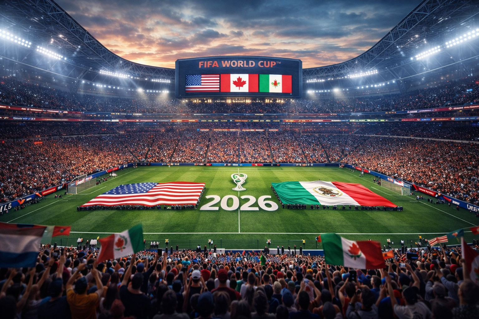 Stadion megah Piala Dunia 2026 dipenuhi penonton dengan bendera Amerika Serikat, Kanada, dan Meksiko, menampilkan suasana pertandingan sepak bola internasional dengan pencahayaan modern dan layar besar bertuliskan FIFA World Cup 2026.