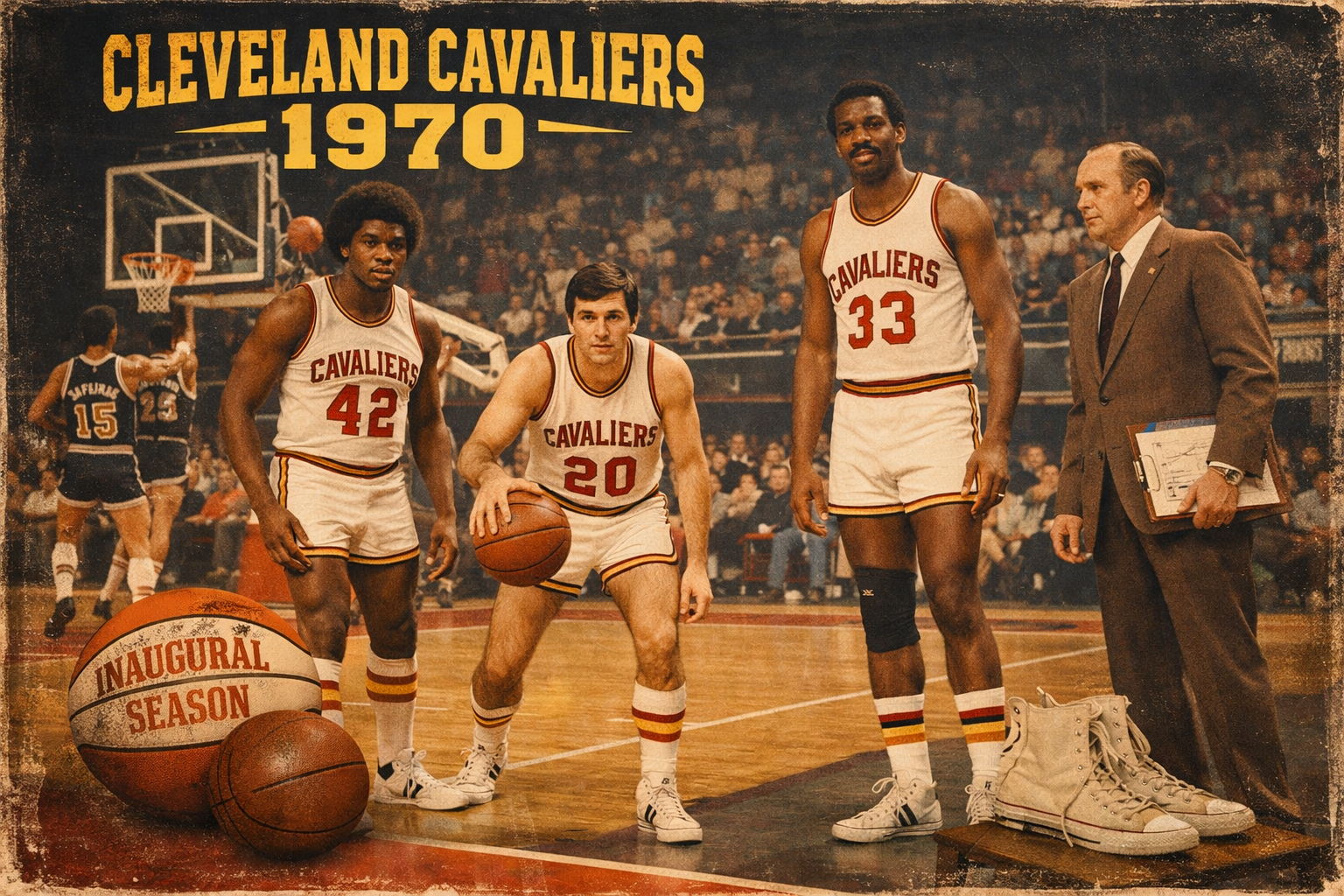 Ilustrasi landscape Cleveland Cavaliers pada musim perdana NBA 1970, menampilkan para pemain awal Cavaliers dan pelatih Bill Fitch di lapangan dengan nuansa vintage khas era 1970-an.