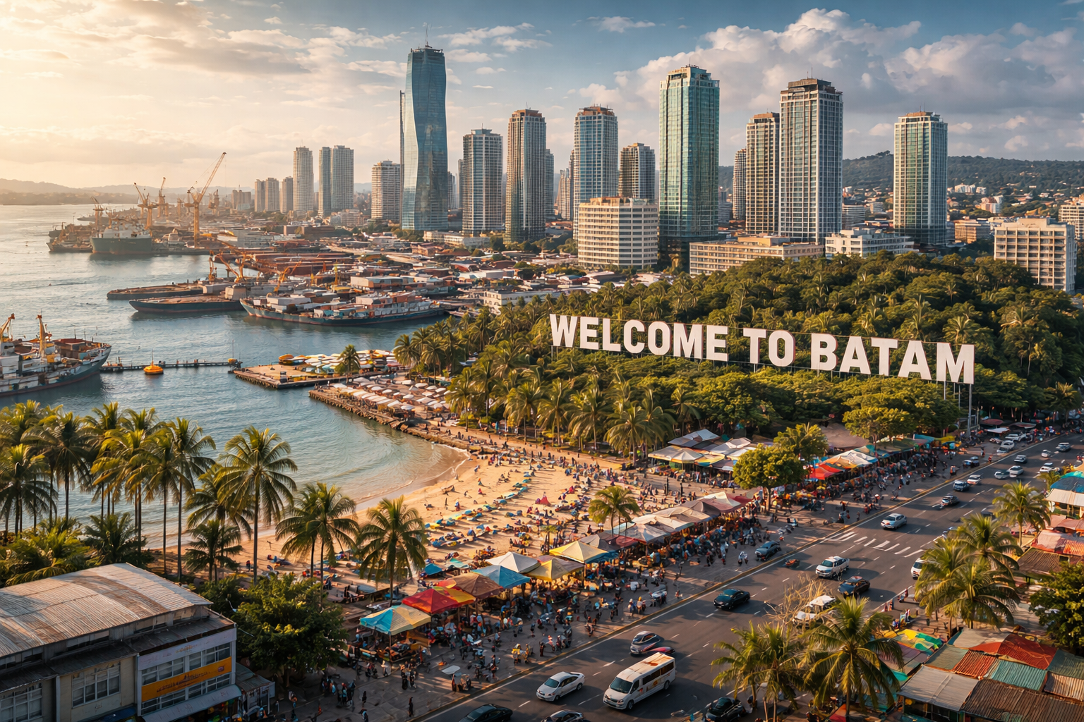 Ilustrasi landscape Kota Batam tahun 2026 menampilkan panorama gedung-gedung tinggi, kawasan pelabuhan dan industri, pantai yang ramai, serta aktivitas masyarakat yang menggambarkan dinamika ekonomi dan pariwisata Batam saat ini.