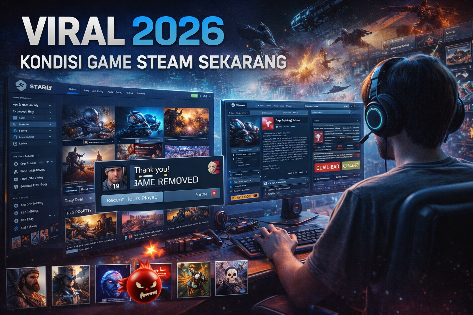Ilustrasi landscape kondisi Steam di 2026, menampilkan seorang gamer menggunakan headset di depan setup komputer dengan beberapa layar menampilkan Steam Store, review game, dan judul populer, menggambarkan tren, aktivitas, dan komunitas gamer modern.