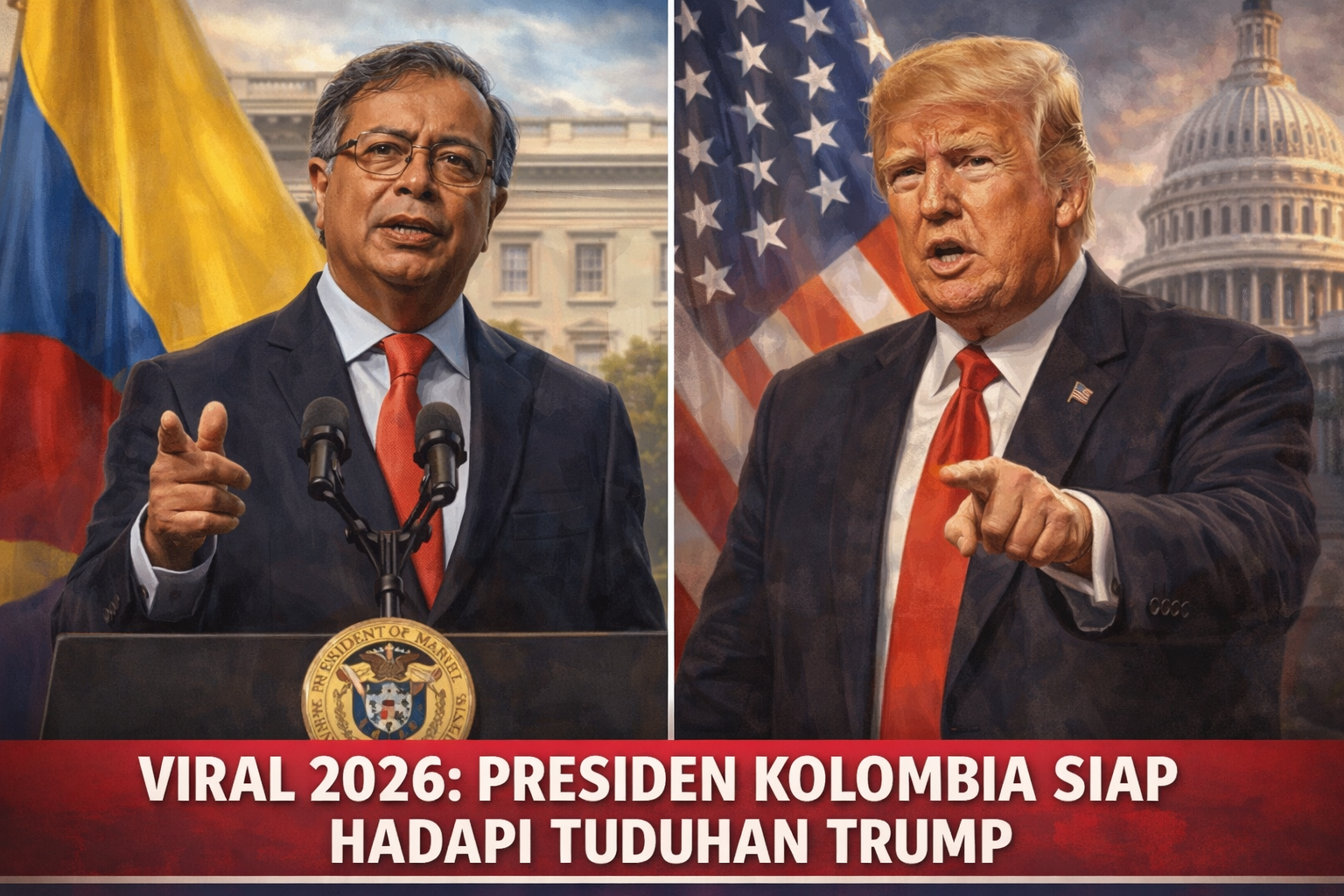 Ilustrasi digital menampilkan Presiden Kolombia berbicara di podium dengan bendera Kolombia di belakangnya, sementara Donald Trump menunjuk ke depan dengan ekspresi serius, menggambarkan isu viral 2026 terkait tuduhan politik internasional.