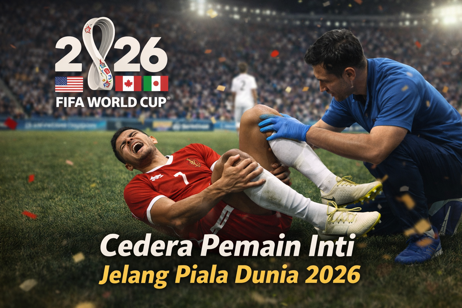 Pemain sepak bola tim nasional mengalami cedera lutut dan mendapatkan perawatan medis di lapangan jelang Piala Dunia 2026