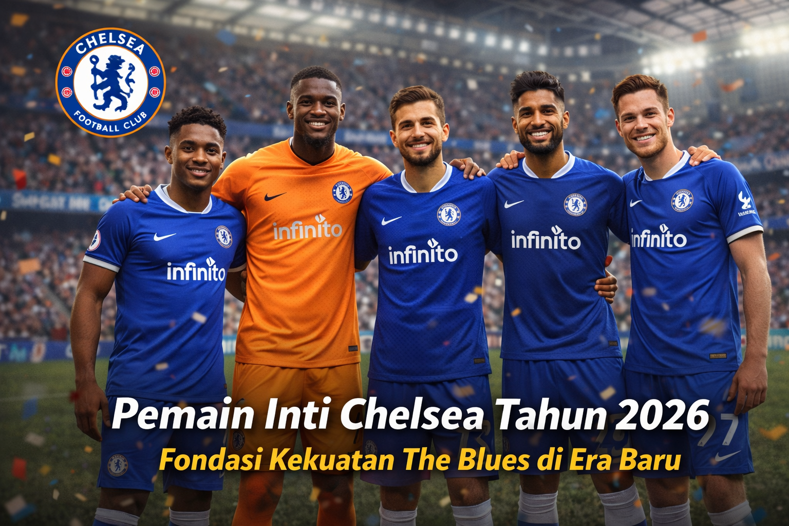 Enam pemain inti Chelsea 2026 berpose bersama di lapangan Stamford Bridge mengenakan seragam biru, menunjukkan kekompakan dan fondasi kekuatan The Blues di era baru