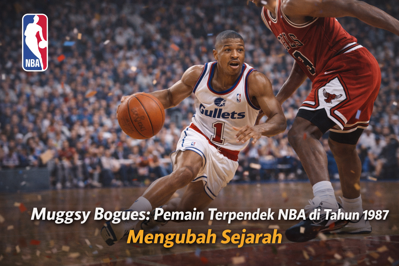 Muggsy Bogues, pemain NBA terpendek tahun 1987 setinggi 1,60 meter, sedang menggiring bola melewati lawan di pertandingan Washington Bullets dengan arena penuh penonton di latar belakang