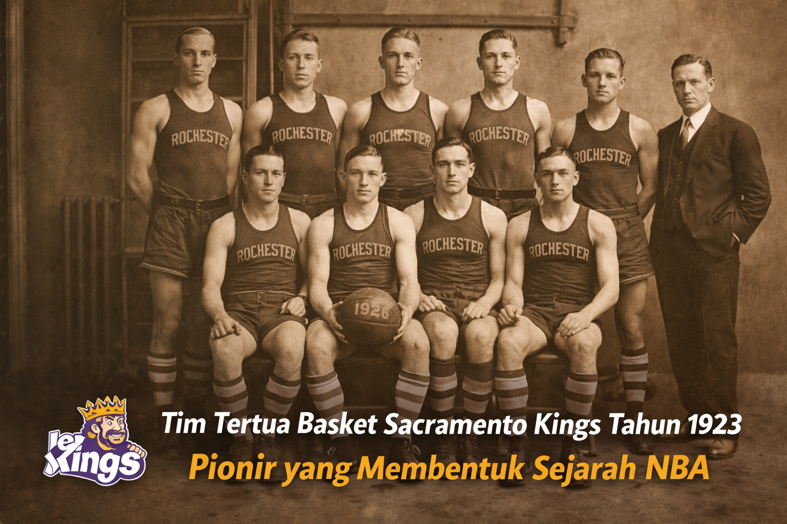 Tim basket tertua Sacramento Kings tahun 1923, awalnya dikenal sebagai Rochester Seagrams, berpose di lapangan indoor dengan seragam vintage, menampilkan para pemain dan pelatih mereka di era awal NBA