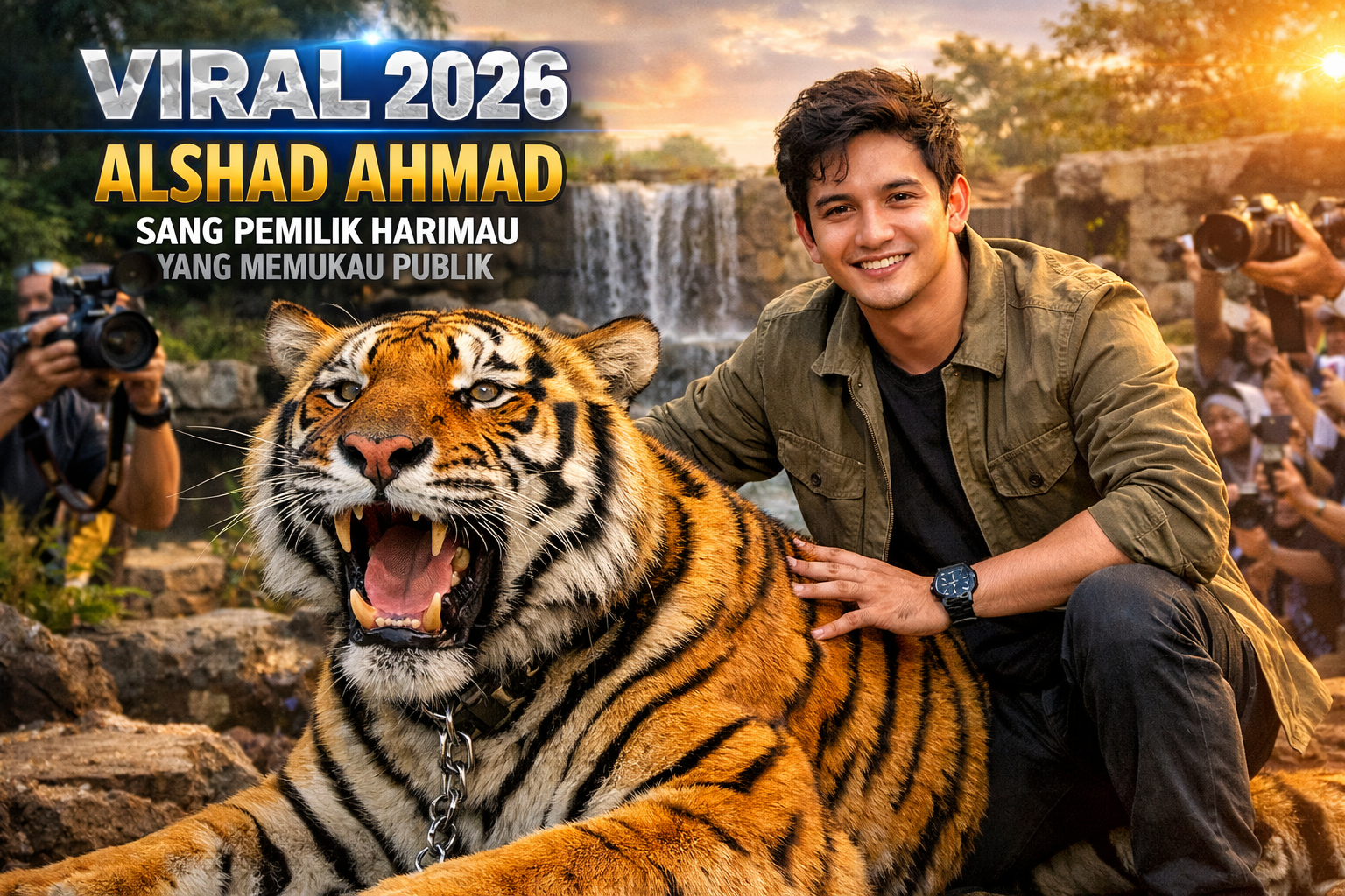 Alshad Ahmad tersenyum sambil duduk di samping seekor harimau Bengal besar di alam terbuka, dengan latar air terjun, cahaya matahari senja, dan kerumunan fotografer yang mengabadikan momen tersebut