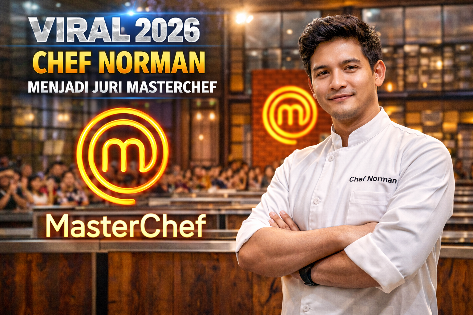 Chef Norman berdiri percaya diri dengan tangan bersilang di dapur MasterChef, mengenakan jaket chef putih, berlatar logo MasterChef bercahaya dan penonton di belakang, dengan teks “Viral 2026: Chef Norman Menjadi Juri MasterChef” di sisi kiri gambar.