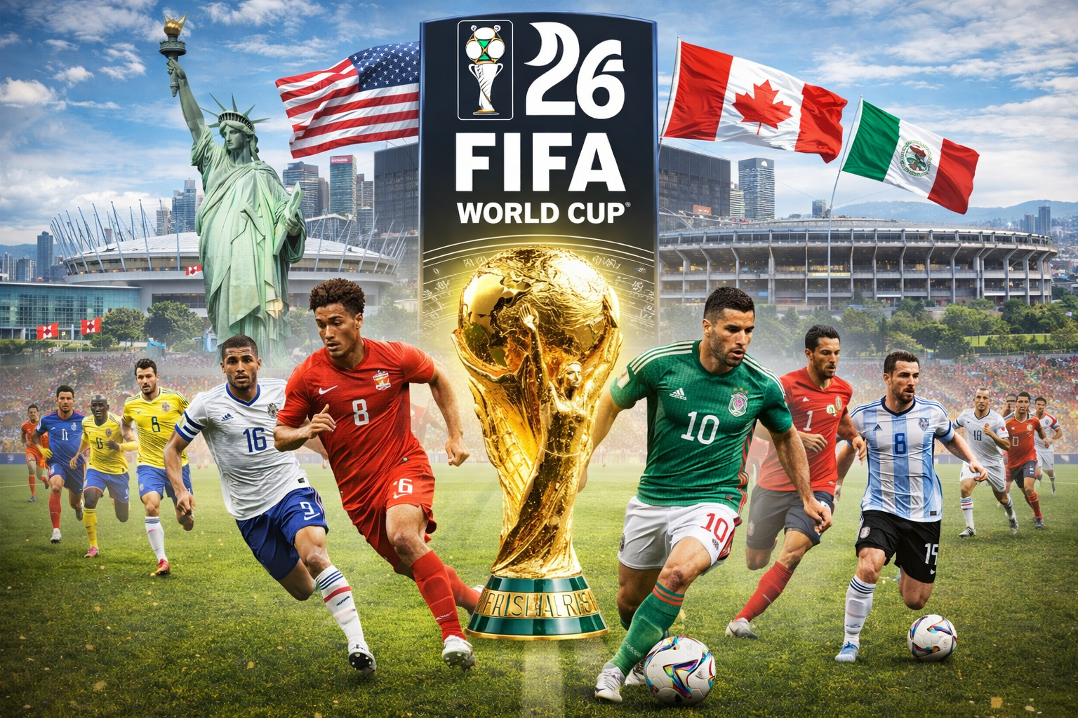 Ilustrasi Fakta Piala Dunia 2026 menampilkan trofi FIFA, pemain dari berbagai negara, serta landmark Amerika Serikat, Kanada, dan Meksiko sebagai tuan rumah