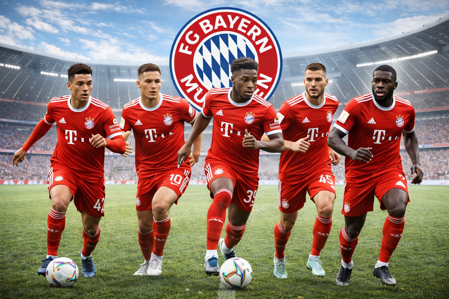 Pemain inti Bayern Munchen 2026 termasuk Jamal Musiala, Florian Wirtz, Mathys Tel, Aleksandar Pavlović, dan Dayot Upamecano beraksi di Allianz Arena dengan jersey merah ikonik, fokus dan dinamis di lapangan