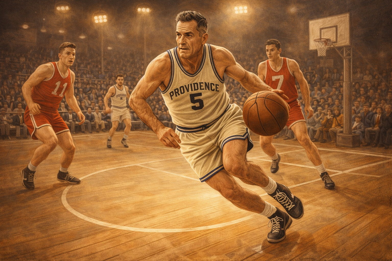 Ilustrasi vintage Nat Hickey, pemain basket tertua di dunia pada 1948, berusia hampir 46 tahun, sedang dribel bola di lapangan basket klasik dengan jersey Providence cream, dikelilingi pemain muda lawan, tribun penonton penuh, dan lampu stadion era 1940-an