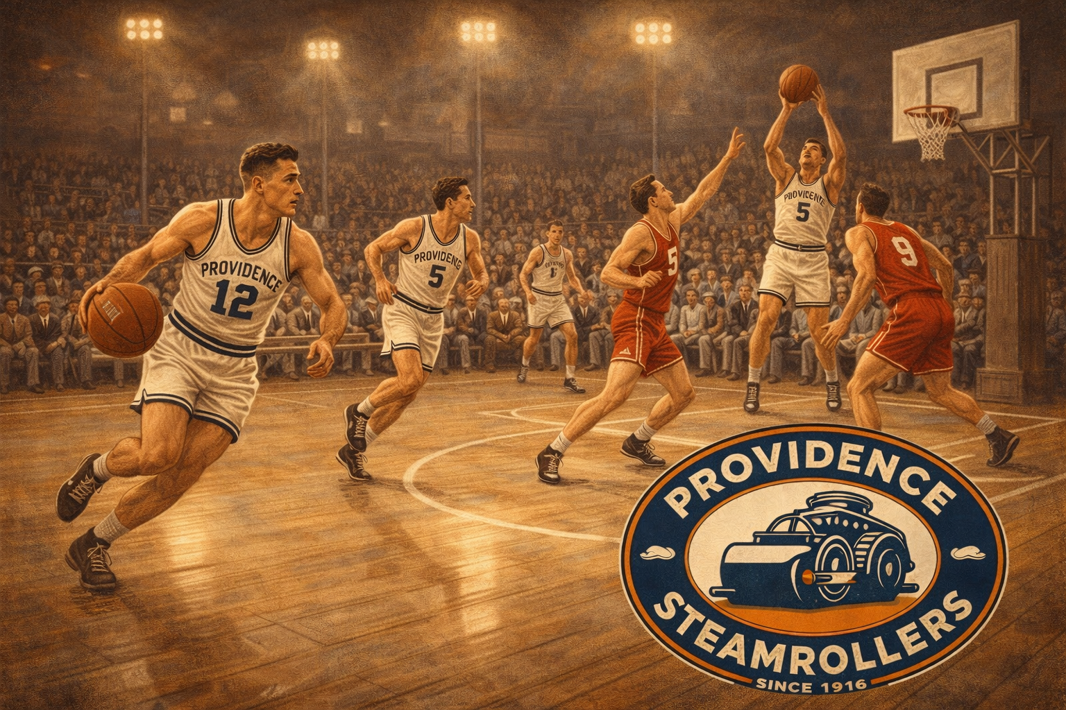Ilustrasi vintage Providence Steamrollers, tim basket tertua di NBA sejak 1916, bermain di lapangan kayu dengan jersey putih dan biru. Pemain #12 sedang dribel bola, #5 menembak, lawan merah mencoba bertahan, tribun penuh penonton era 1940-an, dan logo tim terlihat jelas di sudut gambar.