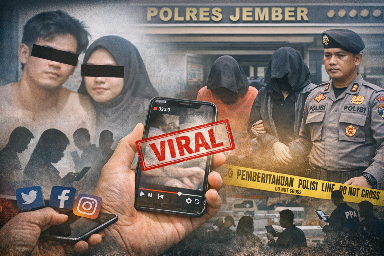Ilustrasi berita viral menampilkan ponsel dengan label “Viral”, siluet dua sejoli dengan wajah disamarkan, serta aparat kepolisian di depan Polres Jember, menggambarkan kasus video 32 menit yang ramai diperbincangkan di media sosial tahun 2026.