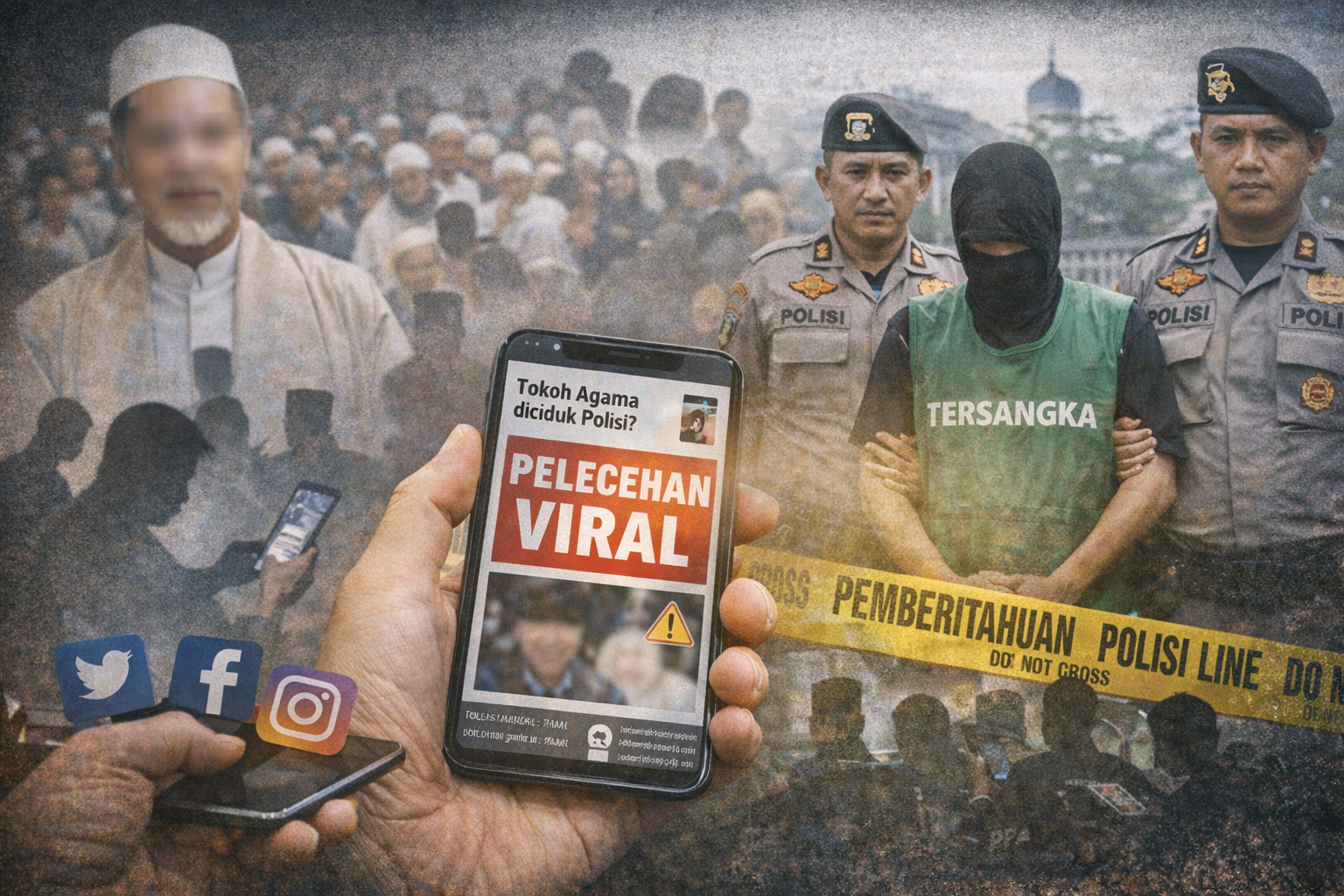Ilustrasi berita viral tahun 2026 menampilkan ponsel dengan judul dugaan pelecehan oleh oknum tokoh agama, sosok pria berlatar kegiatan keagamaan dengan wajah disamarkan, serta aparat kepolisian yang mengawal tersangka, menggambarkan perhatian publik dan proses hukum yang sedang berlangsung.